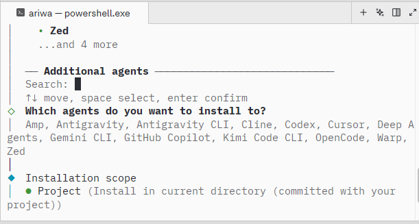 The skills CLI agent selector showing all supported coding agents