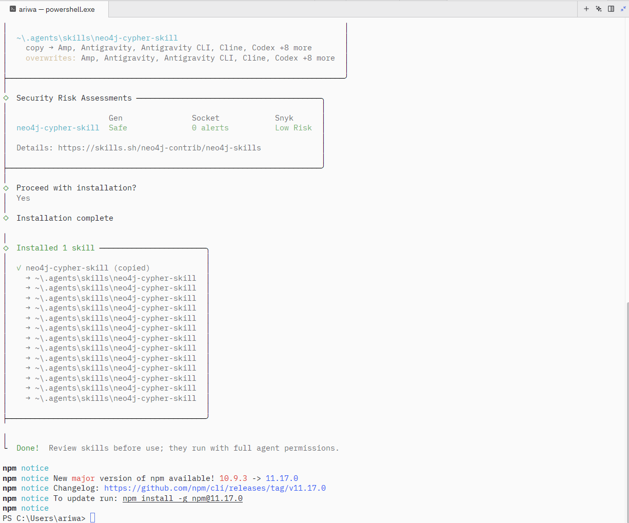 Installation complete screen showing security assessment and file locations
