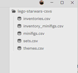 Zed project sidebar showing five CSV files with database icons