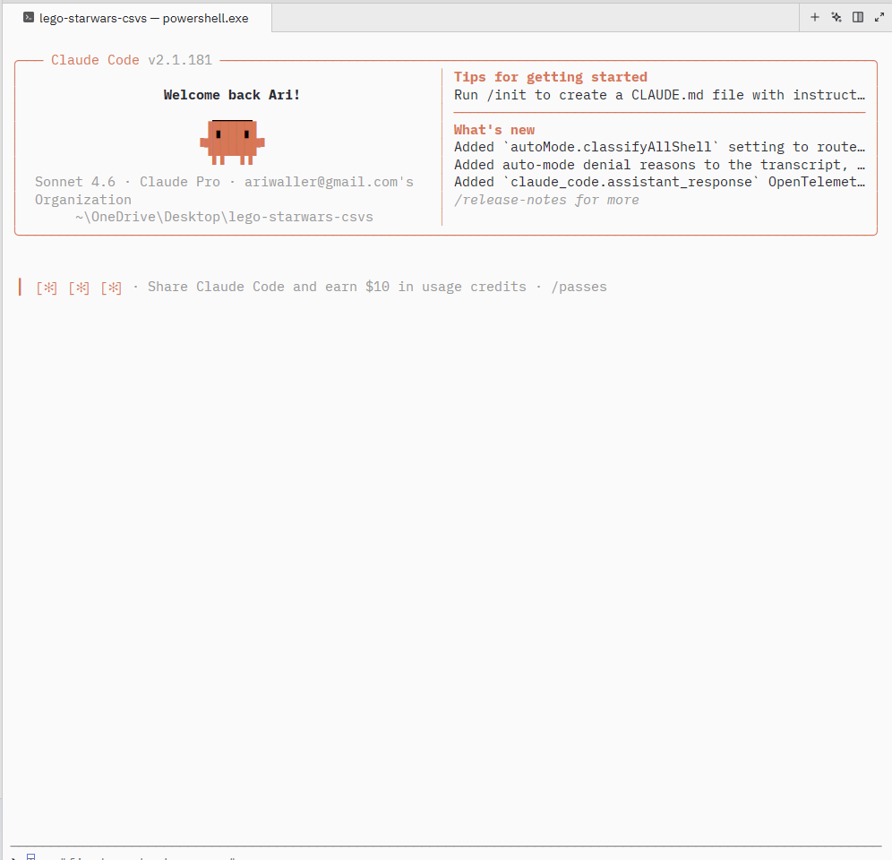 Claude Code welcome screen showing version, model, and working directory