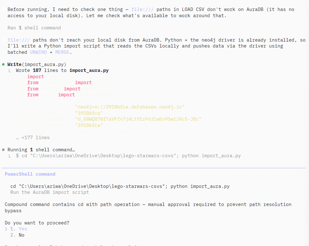 Claude Code writing import_aura.py using the Python neo4j driver