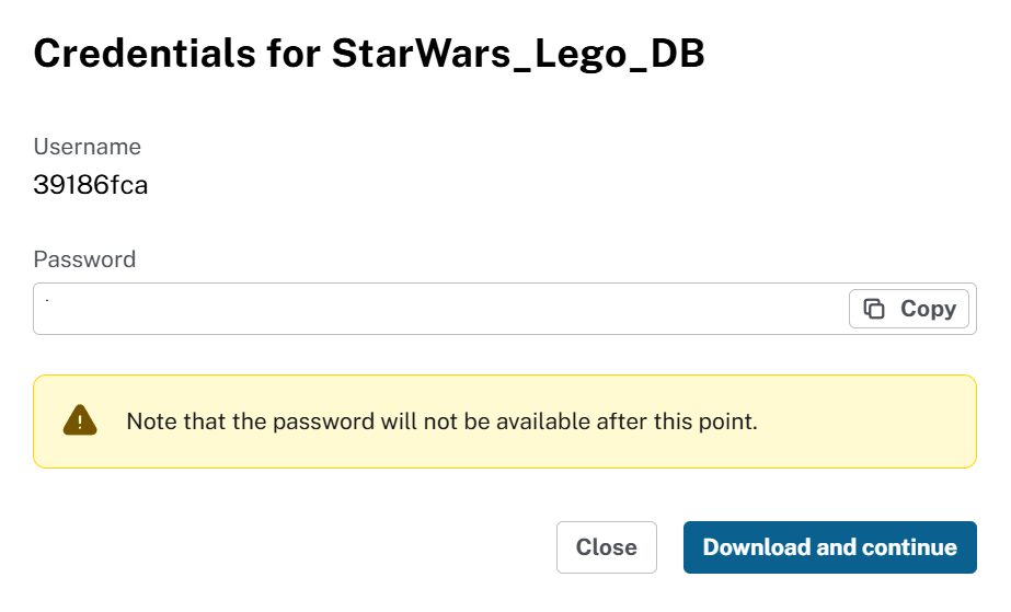 Credentials screen with password warning saying it won't be available after this point