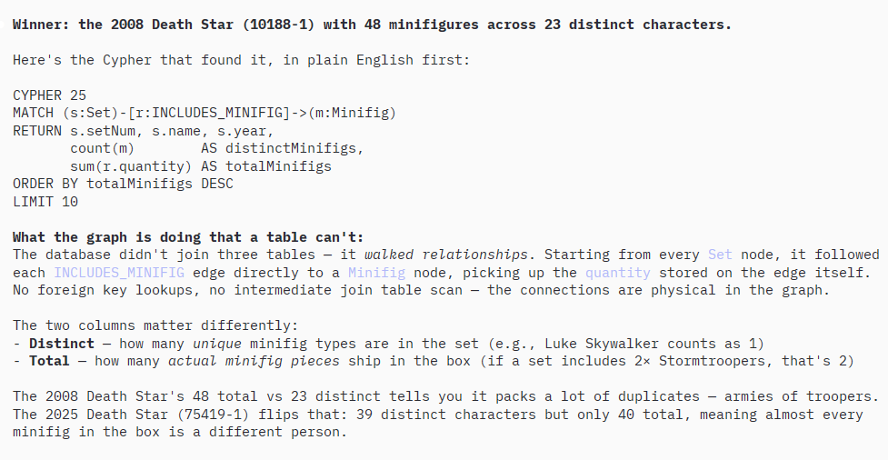 Claude Code answer showing Death Star result with Cypher and plain English explanation